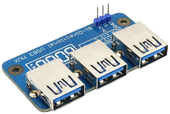 The 8086.net Bi-Directional USB3 MUX from above: a blue board with three USB 3.0 Type-A ports and a three-pin header