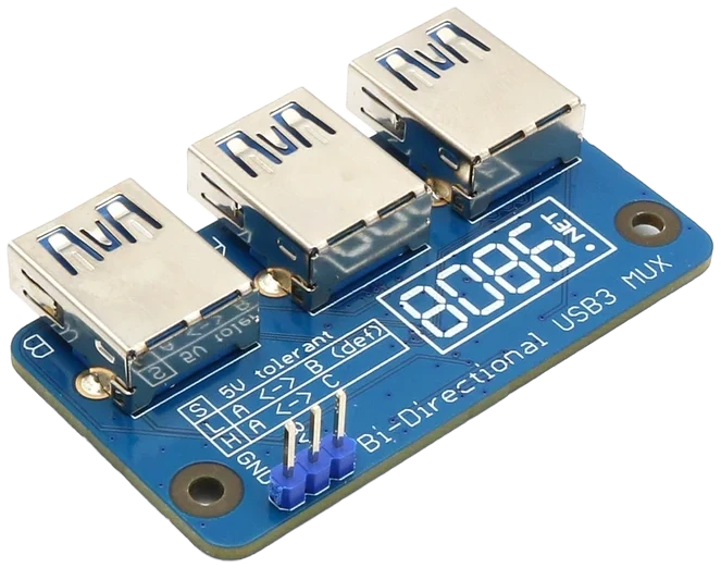 The same board from another angle, showing its silkscreen: 5V tolerant, the A to B and A to C switch table, and the 8086.net logo